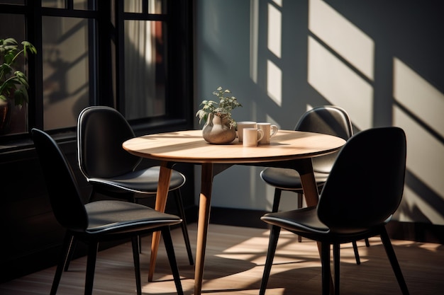 een kleine eetkamer tafel en een zwarte stoel