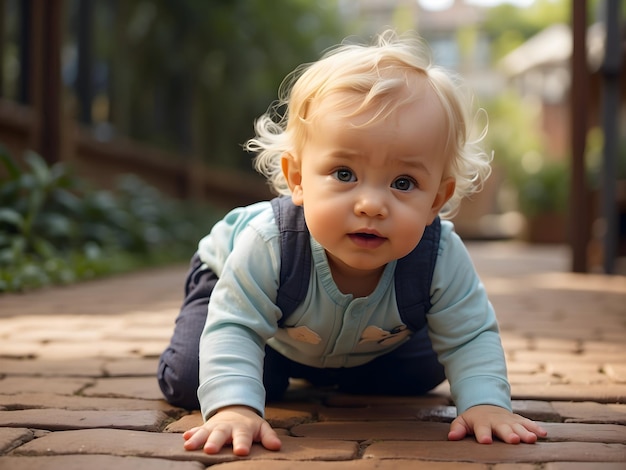 een kleine Europese witte baby die leert kruipen