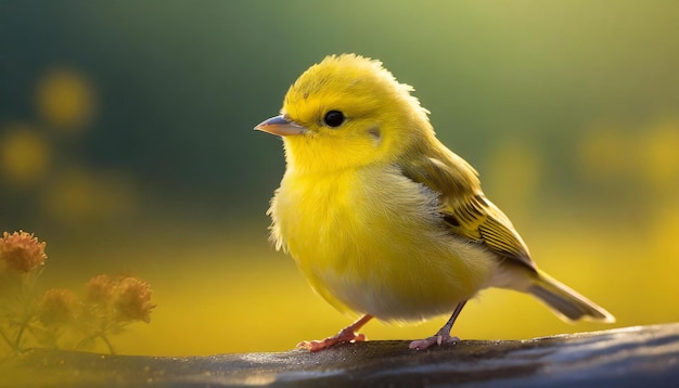 Een kleine gele 3D vogel die op een geel oppervlak zit