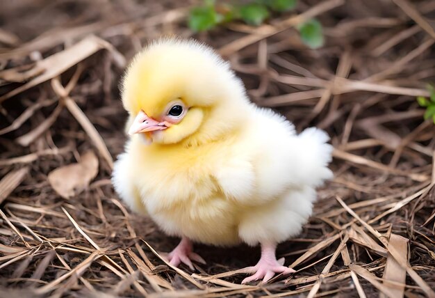 een kleine gele baby kip staat op de grond voor een struik