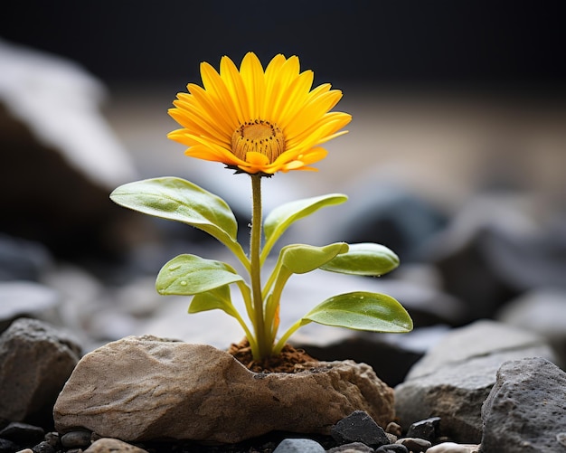 een kleine gele bloem die uit een rots groeit