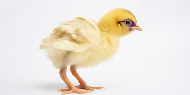 Een kleine gele kip met een paars oog.