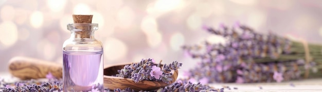 Een kleine glazen fles met lavendel essentiële olie en een houten schaal met bloemen