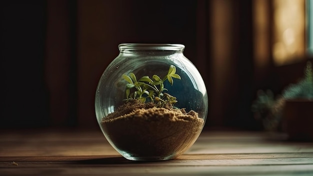 Een kleine glazen schaal waar een plant uit groeit.