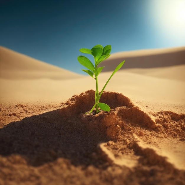 Een kleine groene spruit baant zich een weg door het zand in de woestijn Het concept van ecologie AIgenerated image