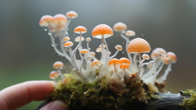 Een kleine groep paddenstoelen, met aan de zijkant een groen mos.