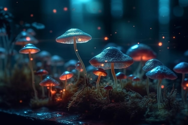 Een kleine groep paddenstoelen met gloeiende lichtjes in het donker