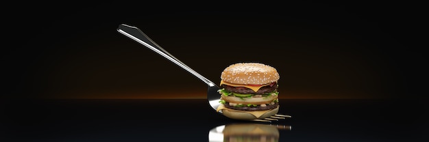 Een kleine hamburger zit vast in de vork Het concept van adequate voeding 3D-rendering