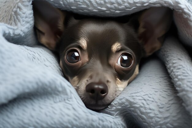 Een kleine hond gewikkeld in een warme deken