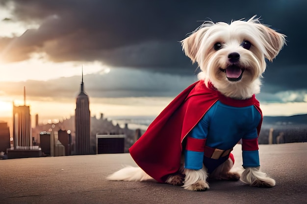 Een kleine hond in een supermankostuum zit op een dak.