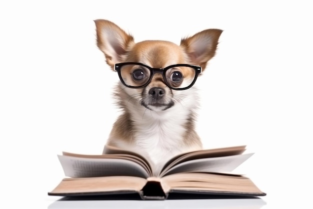 een kleine hond met een bril leest een boek