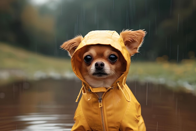 Een kleine hond met een gele regenjas.