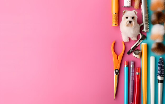 Een kleine hond staat op een roze achtergrond met veel dingen erop.