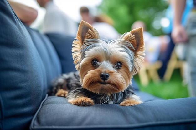 een kleine hond zit op een blauw kussen met mensen op de achtergrond