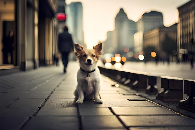 Een kleine hond zit op een stoep.