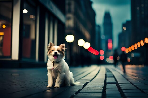 een kleine hond zit op een trottoir in de stad.
