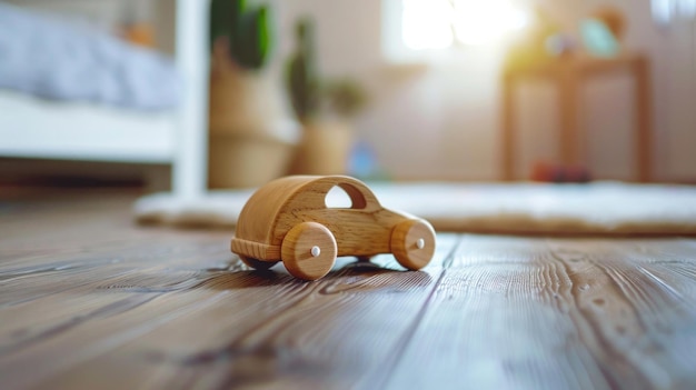 Een kleine houten speelgoedwagen ligt op de vloer in de kinderkamer.