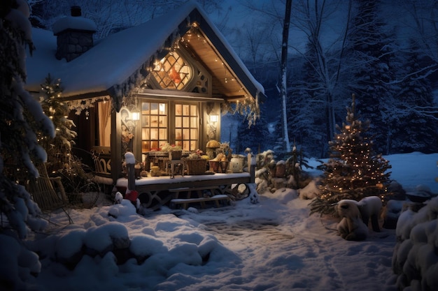 een kleine hut met kerstbomen en lichten in de sneeuw