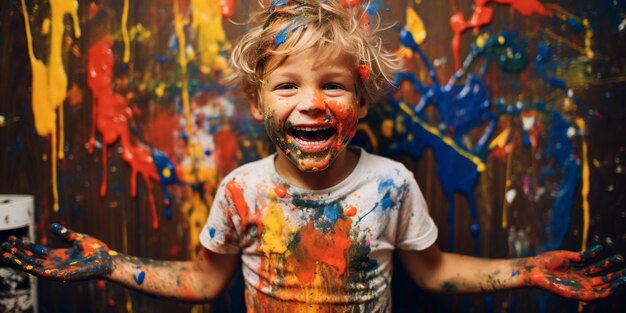 Foto een kleine jongen bedekt met verf.