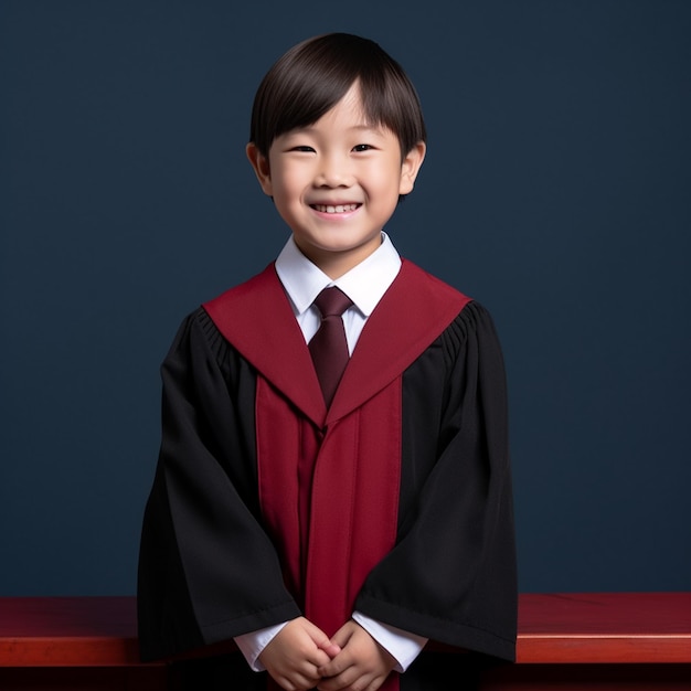 een kleine jongen die een officiersgewaad draagt met een donkerrode en zwarte achtergrond