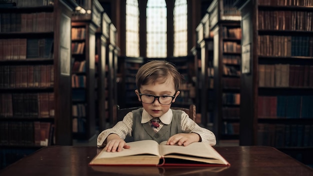 Een kleine jongen die in de bibliotheek studeert.