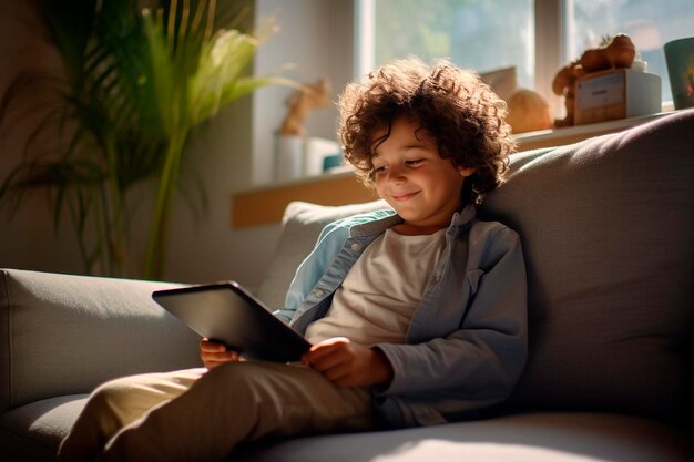 Een kleine jongen die op de bank ligt met een tablet.