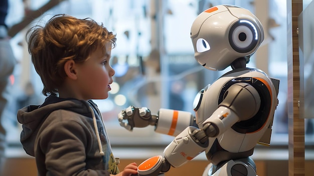 Een kleine jongen en een robot kijken naar elkaar de jongen glimlacht de robot heeft een vriendelijke uitdrukking op zijn gezicht