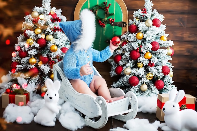 Een kleine jongen in een blauw gebreid pak zit in een houten slee onder kerstbomen