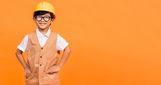 Een kleine jongen in ingenieurskleding met veiligheidshelm staat voor een oranje achtergrond