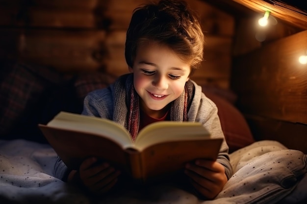 Een kleine jongen leest de achtergrond van een boeksprookje terug naar school generatieve ai