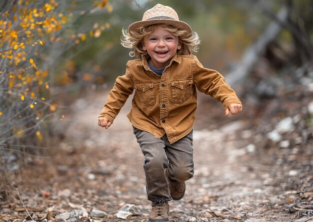 Een kleine jongen loopt in het bos met een hoed aan.