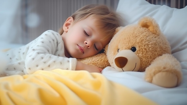Een kleine jongen met blond haar slaapt op een bed met een zacht speelgoedbeer in haar armen een kind39s zoete slaap