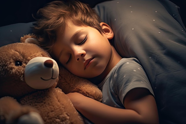 Een kleine jongen met een dromerige glimlach slaapt met een speelgoedbeer in zijn armen in een donkere kamer verlicht door een gezellig licht