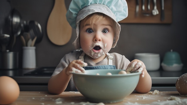 Een kleine jongen met een koksmuts zit in een keuken en kijkt naar een kom meel.