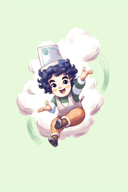 een kleine jongen met een kopje op zijn hoofd zit op een wolk