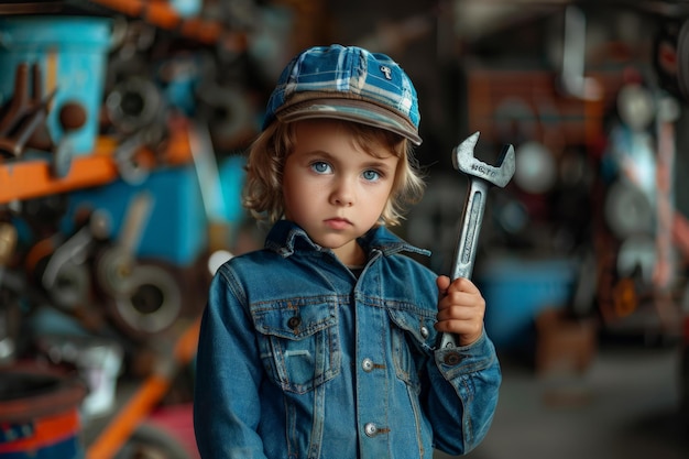 een kleine jongen met een moersleutel in zijn handen