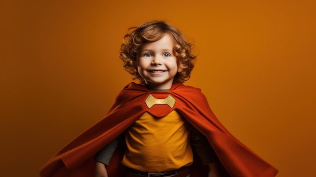 Een kleine jongen met een rode cape en een geel shirt met het woord super erop.