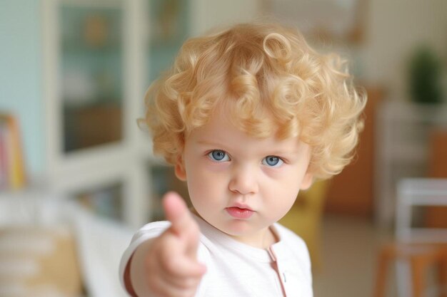 Foto een kleine jongen met krullend haar en een shirt dat zegt dat hij een duim omhoog geeft