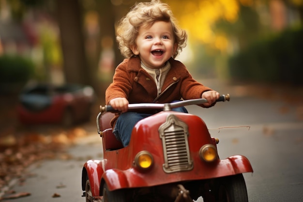 Foto een kleine jongen rijdt met de snelheid van een auto.