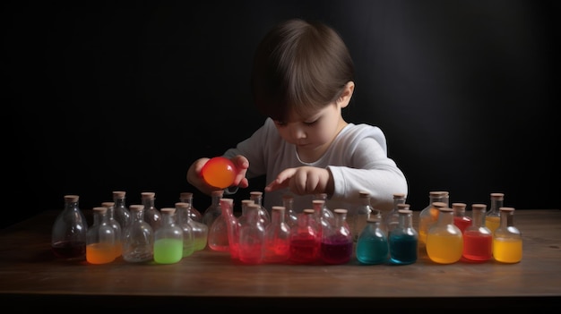 Een kleine jongen speelt met gekleurde vloeistoffen in een glazen beker.