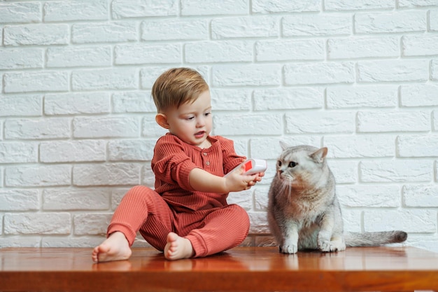 Een kleine jongen van 2 jaar oud meet de temperatuur van een kat met een contactloze thermometer