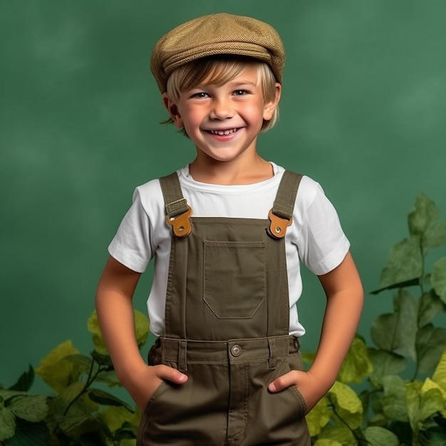 een kleine jongen verkleed als tuinman staat voor een groene achtergrond