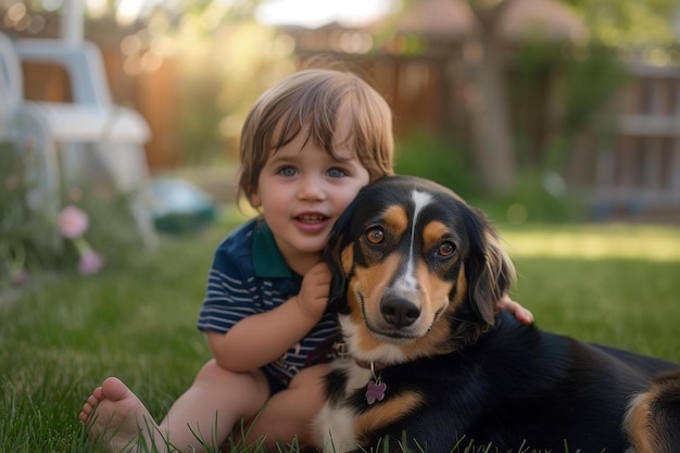 een kleine jongen zit in het gras met een hond