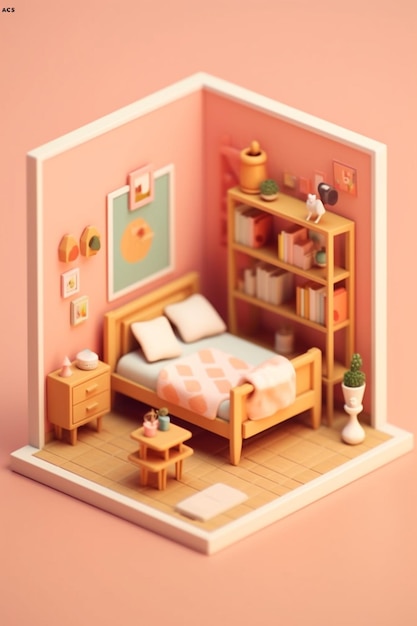 Een kleine kamer met een bed, een boekenplank en een plank met een boekenkast.
