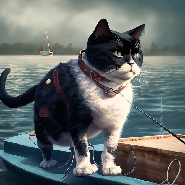 Een kleine kat in een boot drijft op het water.