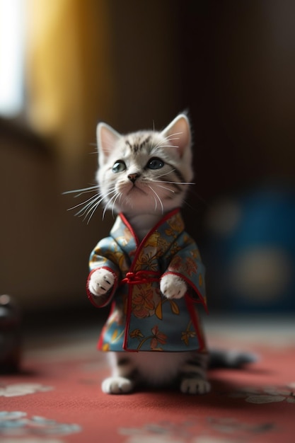 Een kleine kat in een kimono staat op een kleed.