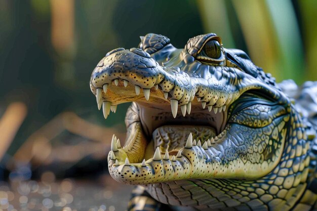 Een kleine krokodil met een open mond.