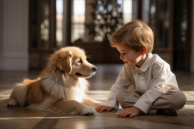 Een kleine lachende blonde jongen die op de vloer zit en met een puppy speelt.