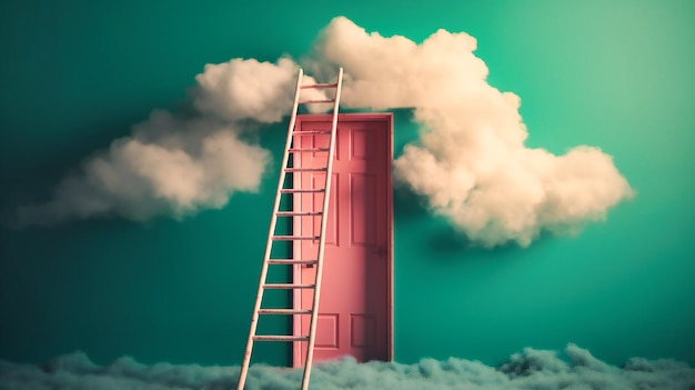 Foto een kleine ladder gemaakt van wolken en geplaatst op een roze muur