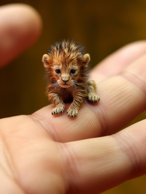 Een kleine leeuwenwelp zit op iemands vinger.